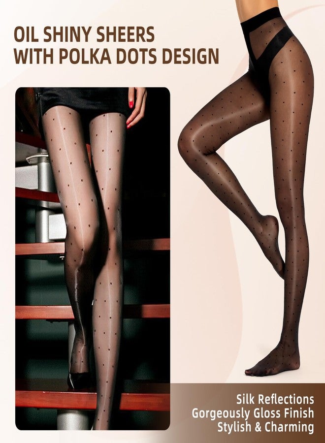 MANZI Women's Sheer Polka Dots Shimmery Patterned Tights Shiny Silk Reflections Dotted Pantyhose Cute Shimmer Glossy Oil Pearlescent Stockings with Dots Sparkly Black Nylons with Designs(Black,L/XL) - Image 5